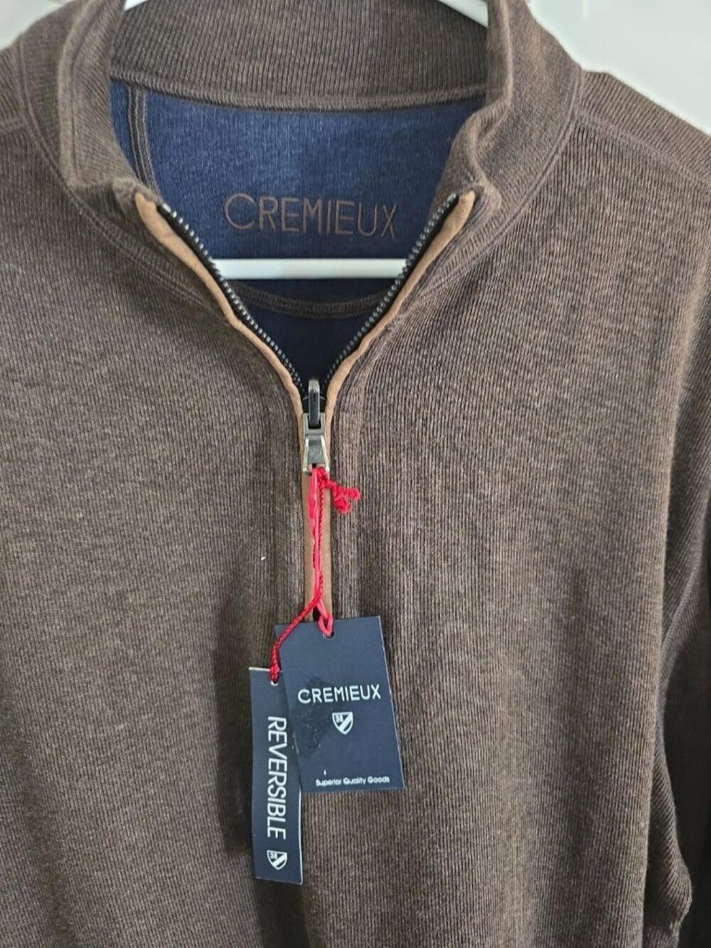 Cremeux Men’s Lg Reversible 1/4 Zip Sweater Brown Elbow Patches New With Tag 012